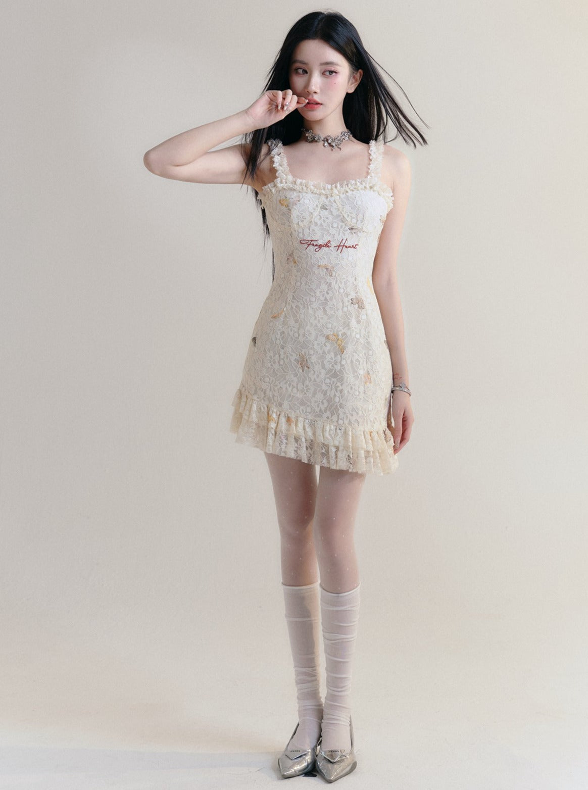 Vintage-Inspired Floral Lace Mini Dress with Ruffle Trim