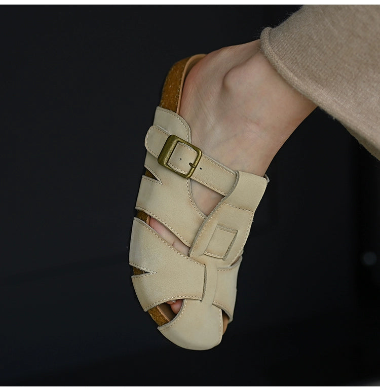 Beige Leather Buckle Strap Sandals