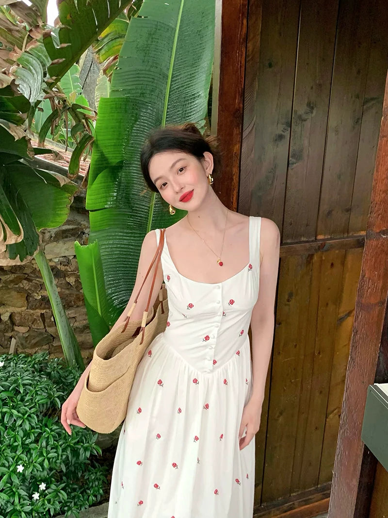 Red Rose Embroidered Maxi Dress