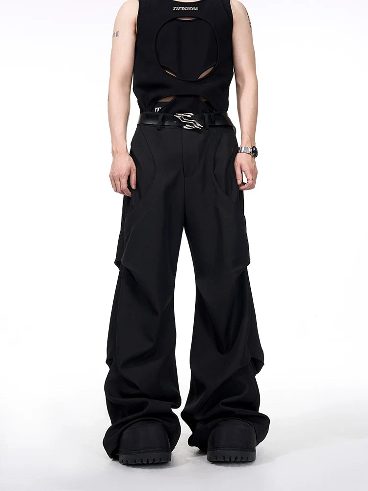 Patchwork Wide-Leg Black Pants with Layered Design