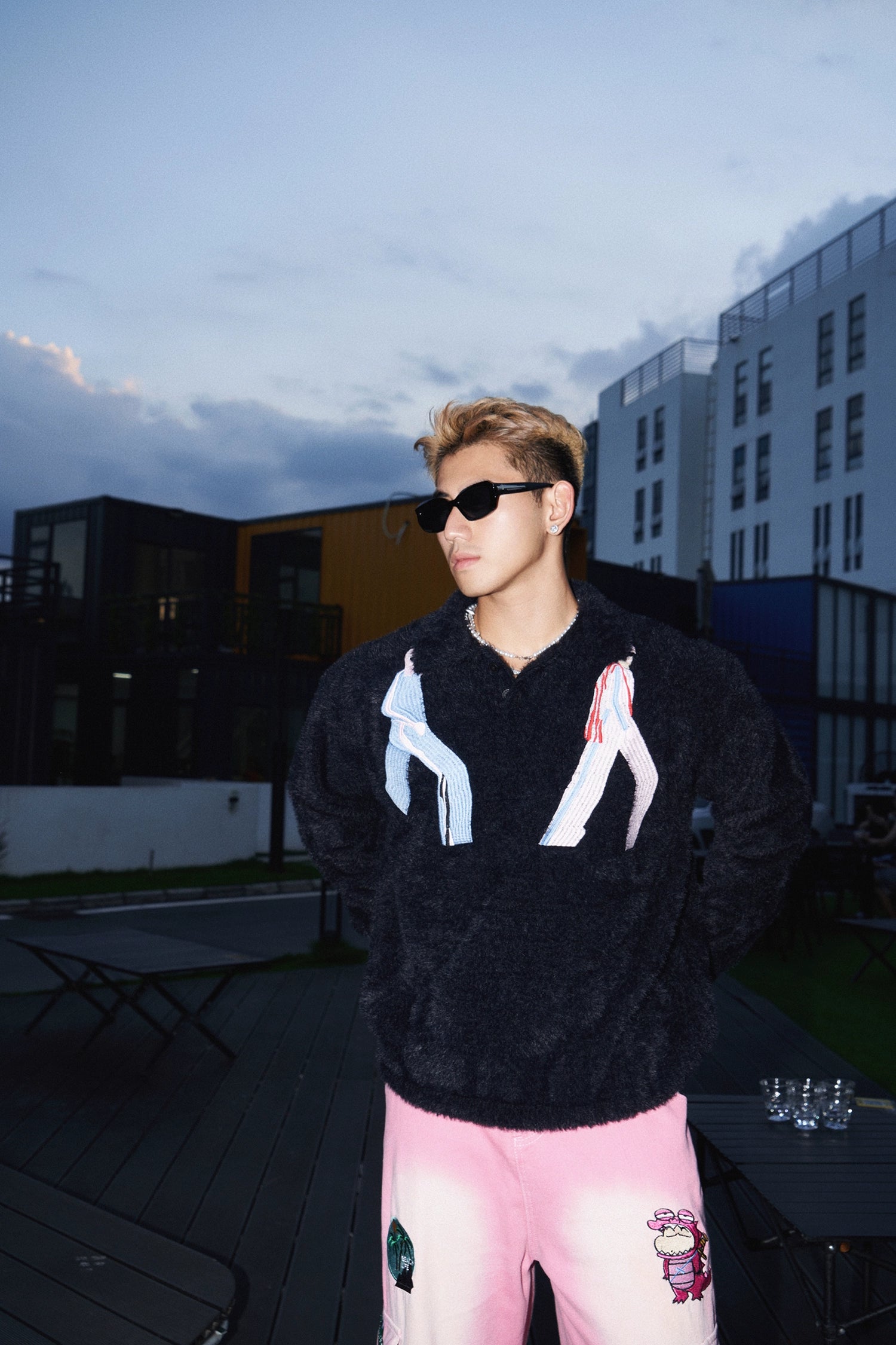 Fuzzy Embroidered Polo Sweater