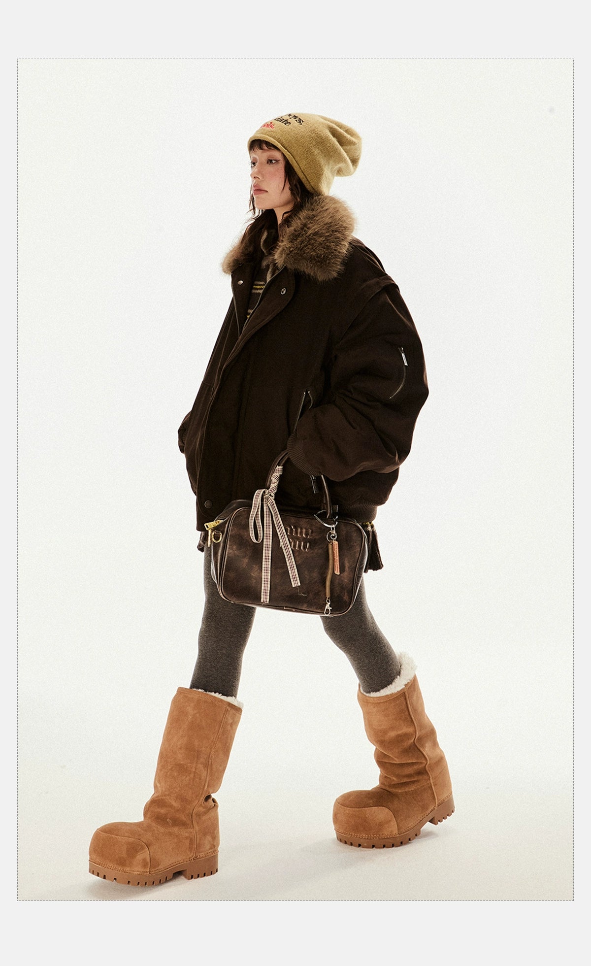 Oversized Faux Fur Collar Dark Brown Jacket