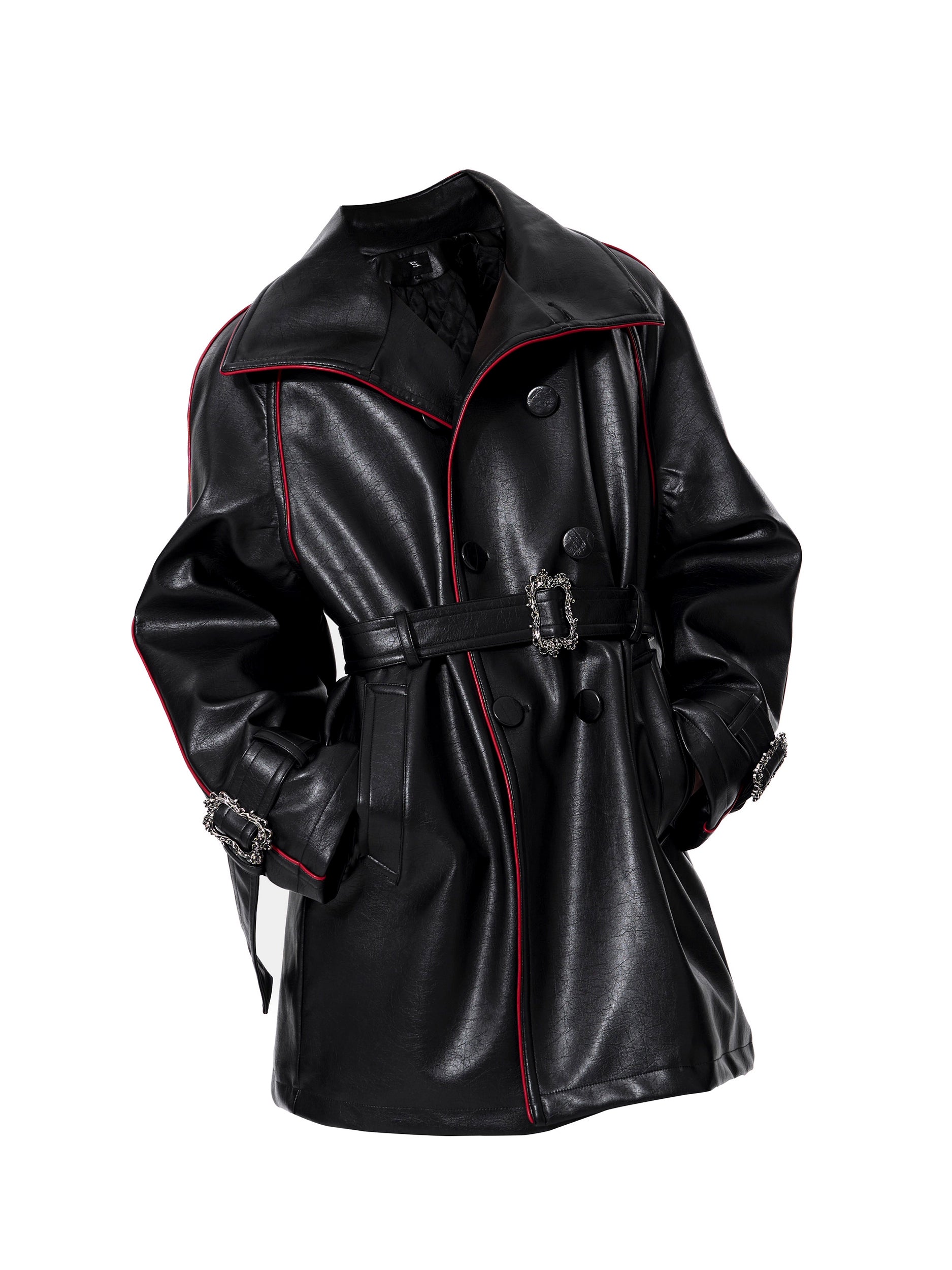 Crimson Piped Chain-Buckle Trench Coat