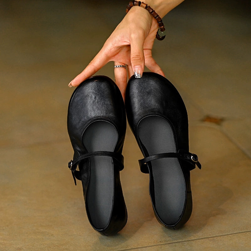 Black Leather Mary Jane Flats