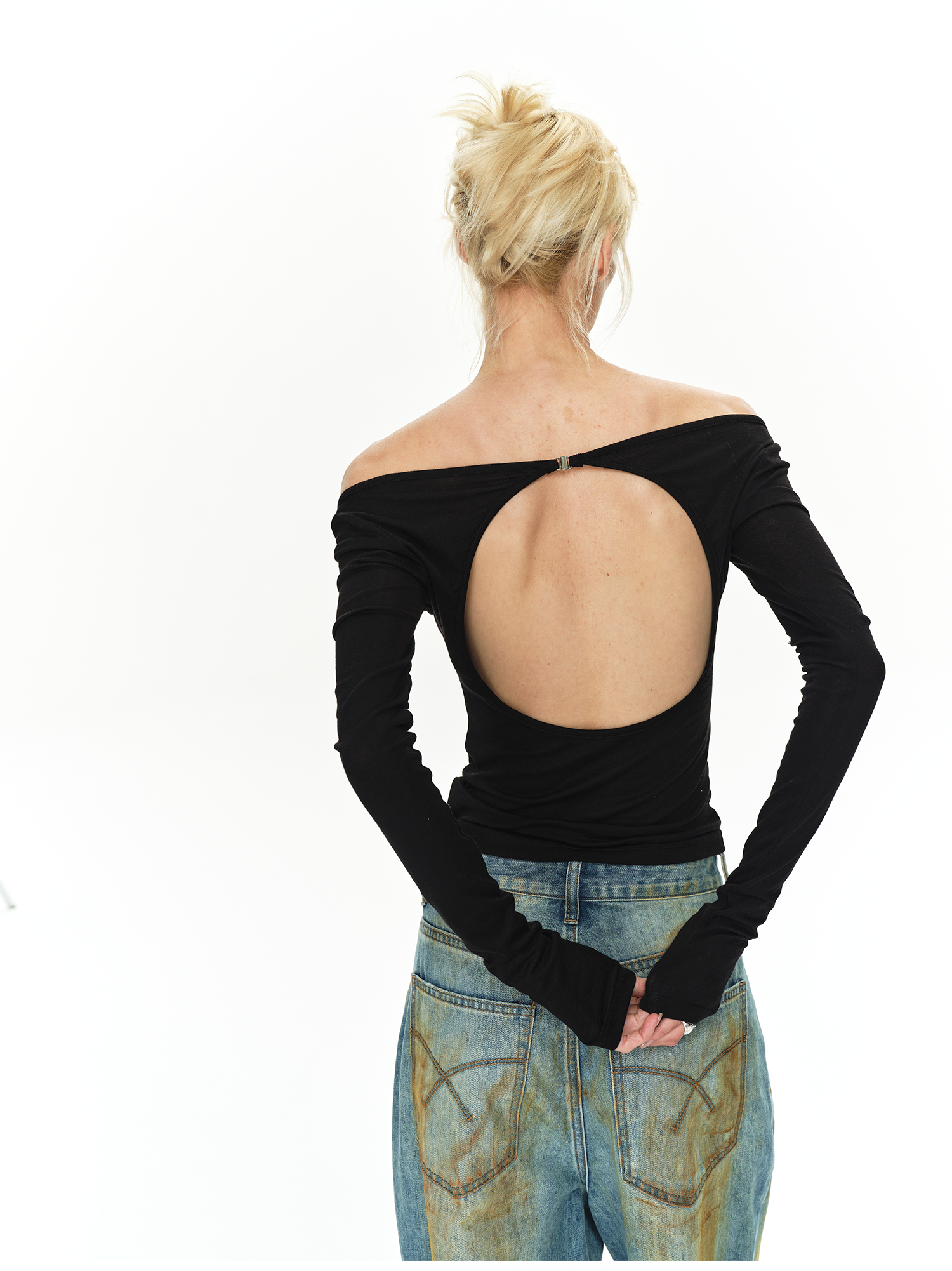 Off-Shoulder Backless Long Sleeve Base Layer Top