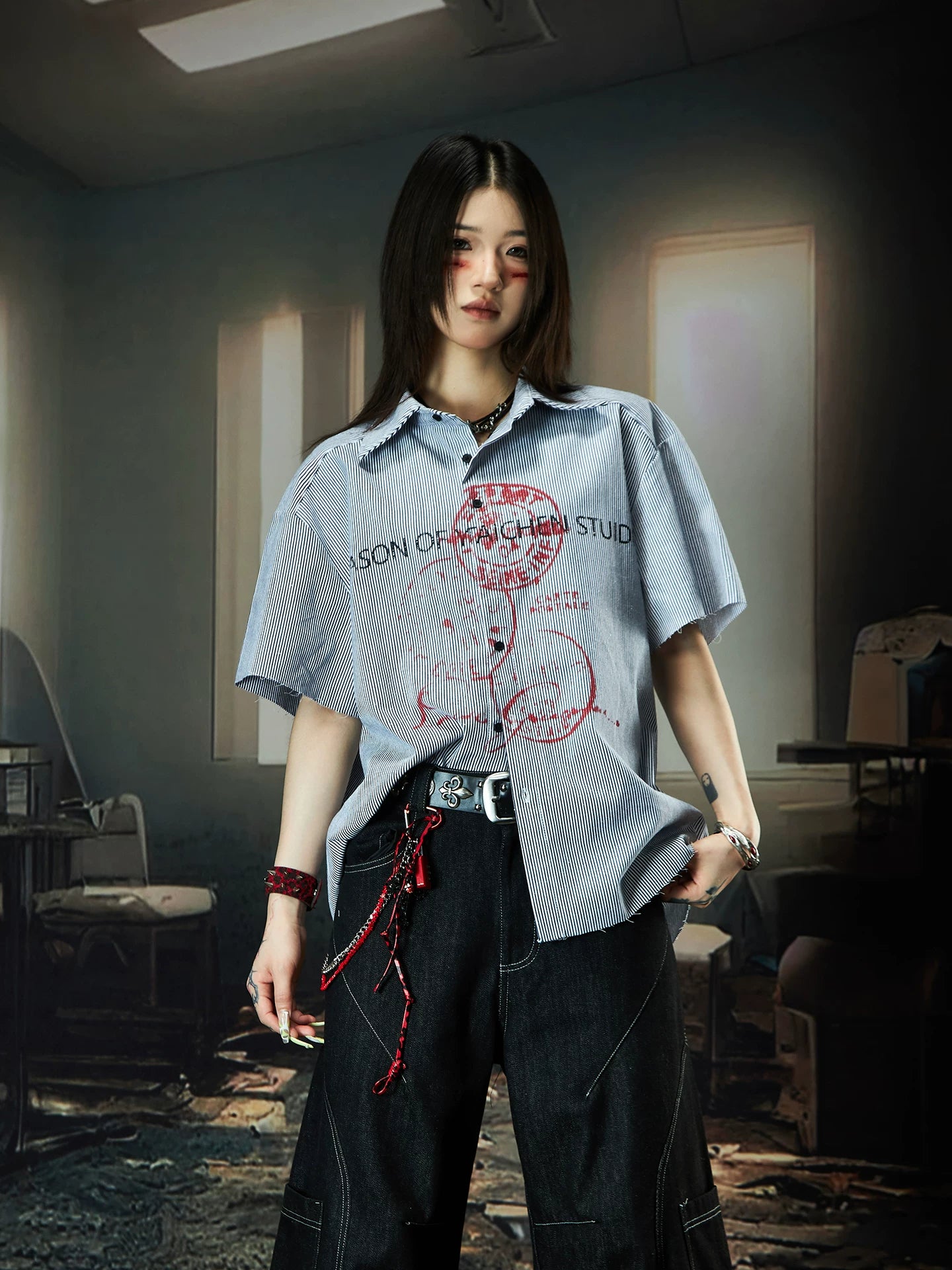 Fearless Graffiti Pinstripe Camp Shirt