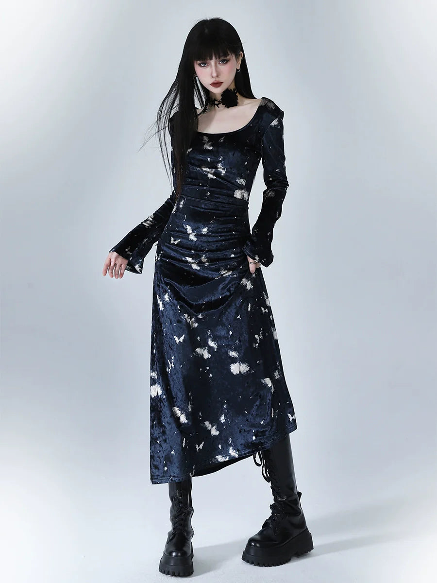 Gothic Butterfly Print Maxi Dress