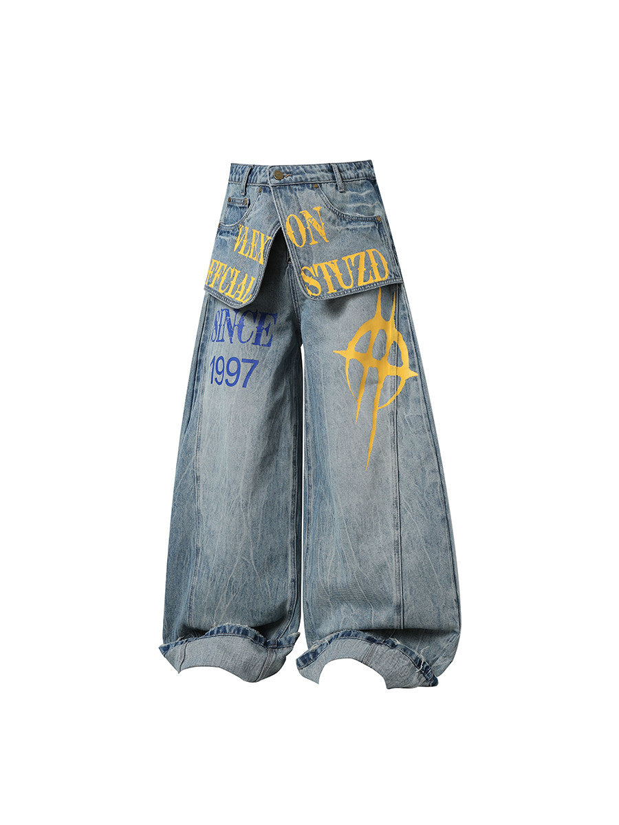 Men's Layered-Look Panel Print Wide-Leg Jeans