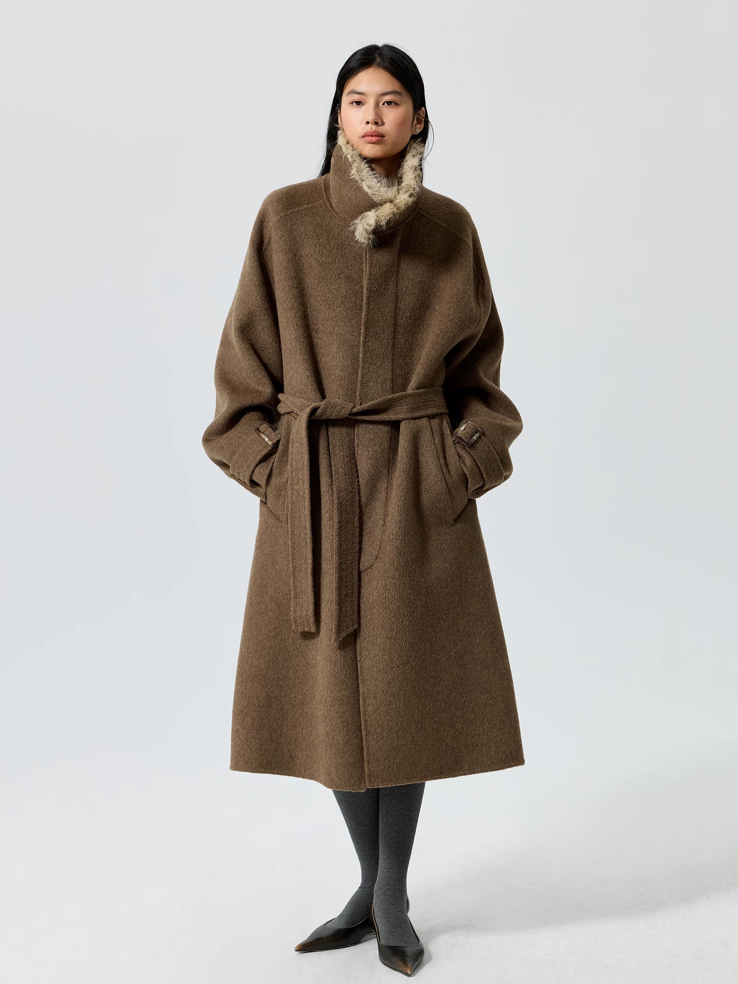 Belted Fur-Trim Collar Coat