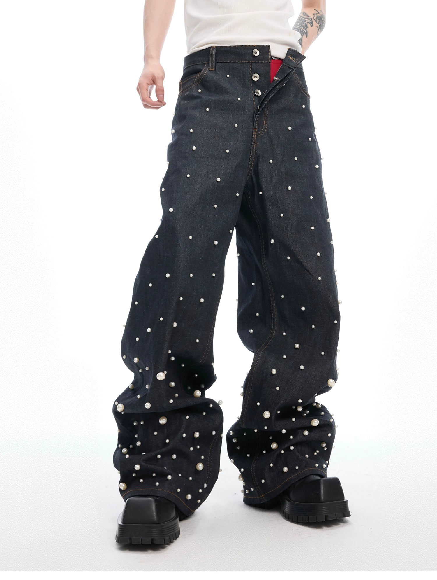 Black Wide Leg Pants With Pearl Embellishments