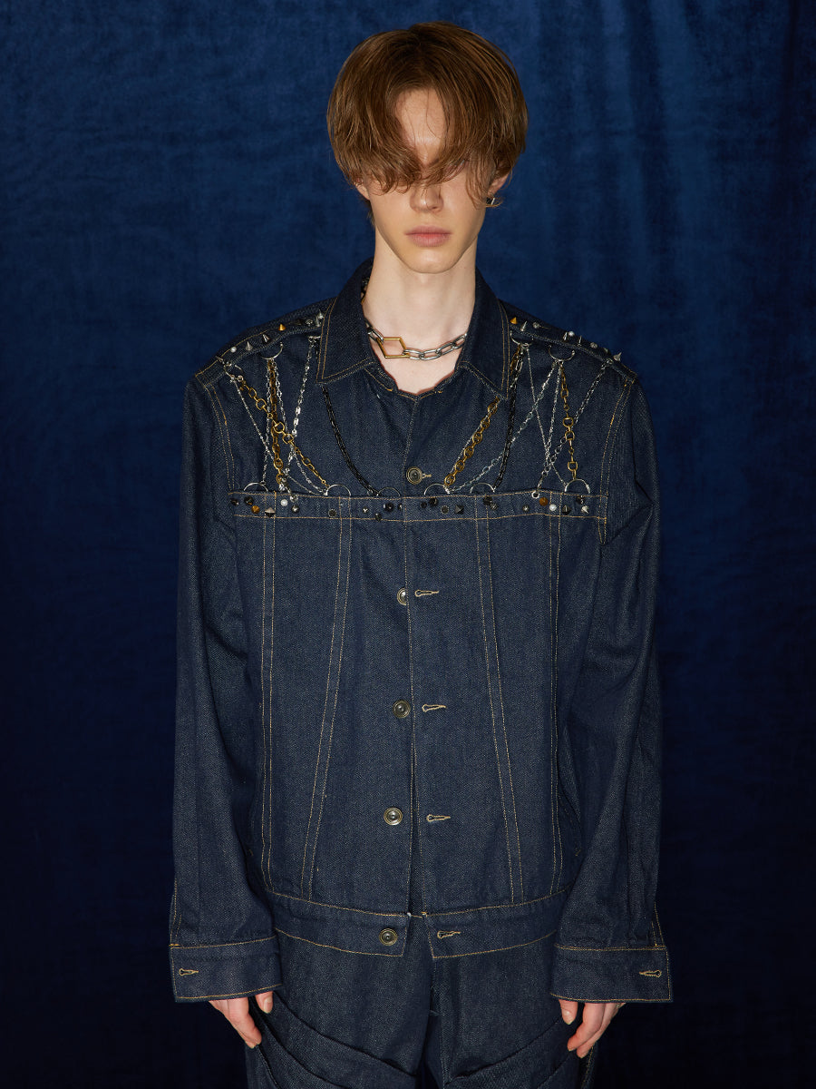 Avant-Garde Chain-Embellished Denim Jacket