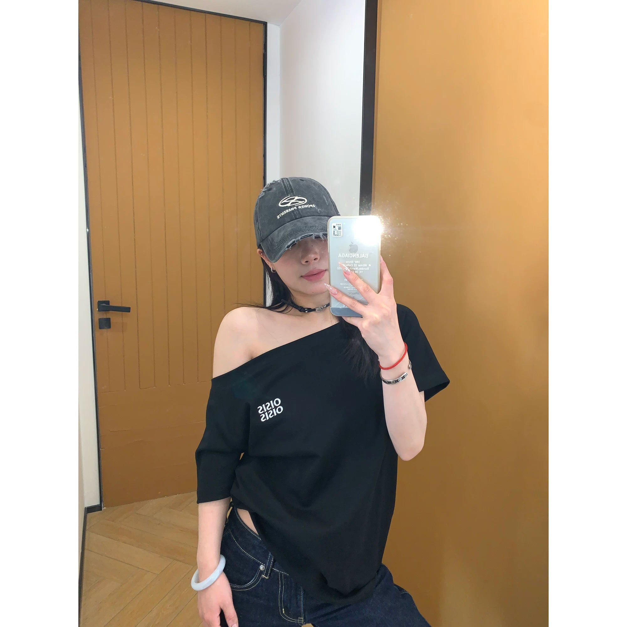 Ash Off-Shoulder Logo Tee