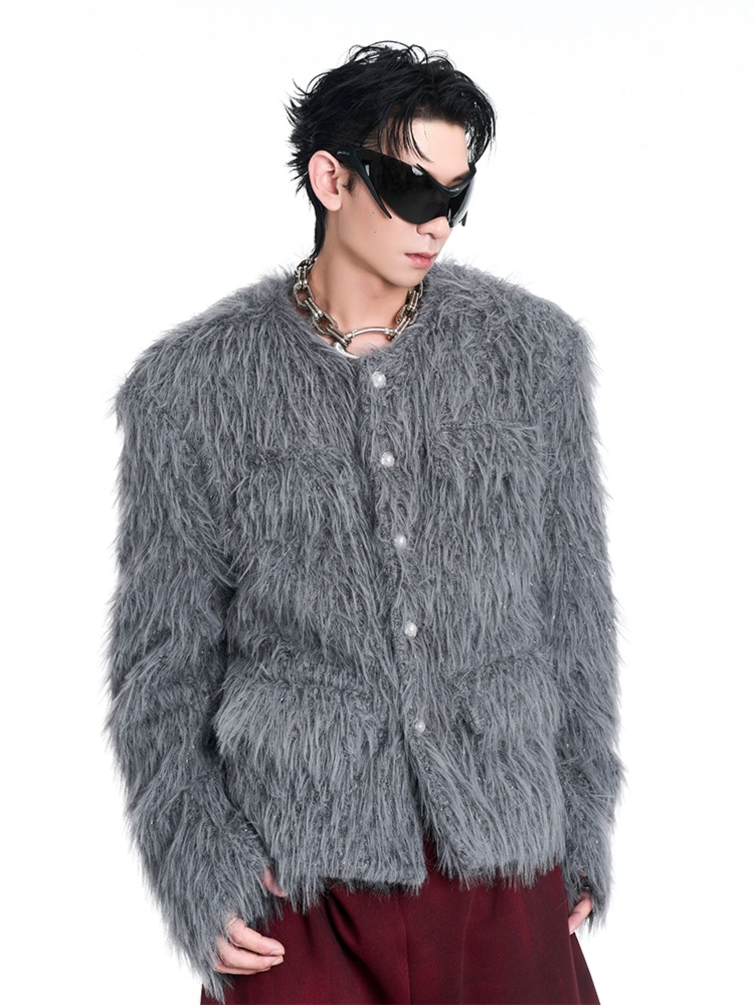 Shaggy Faux Fur Coat with Crystal Button Details