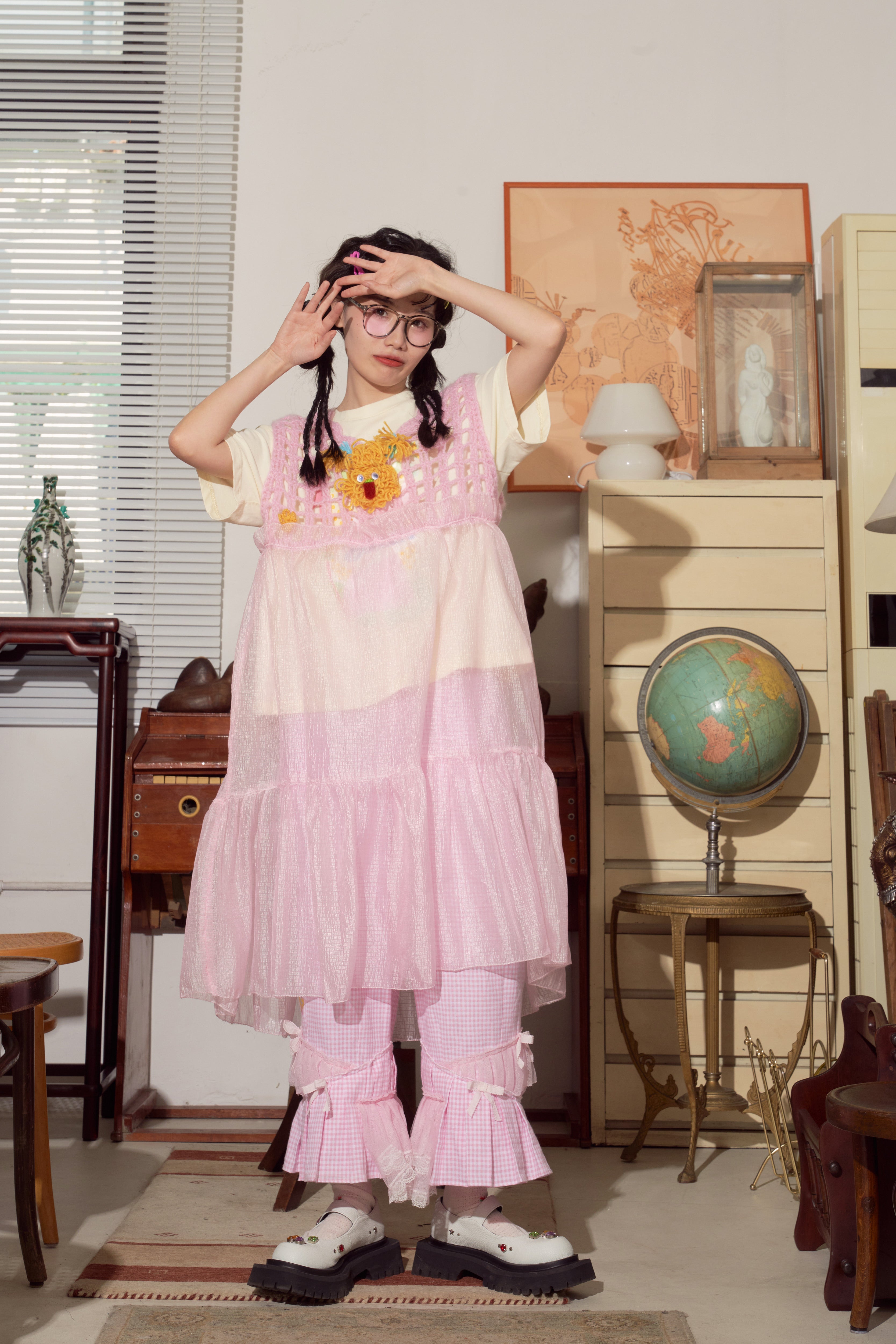 Pink Crochet Knit Embroidered Dress