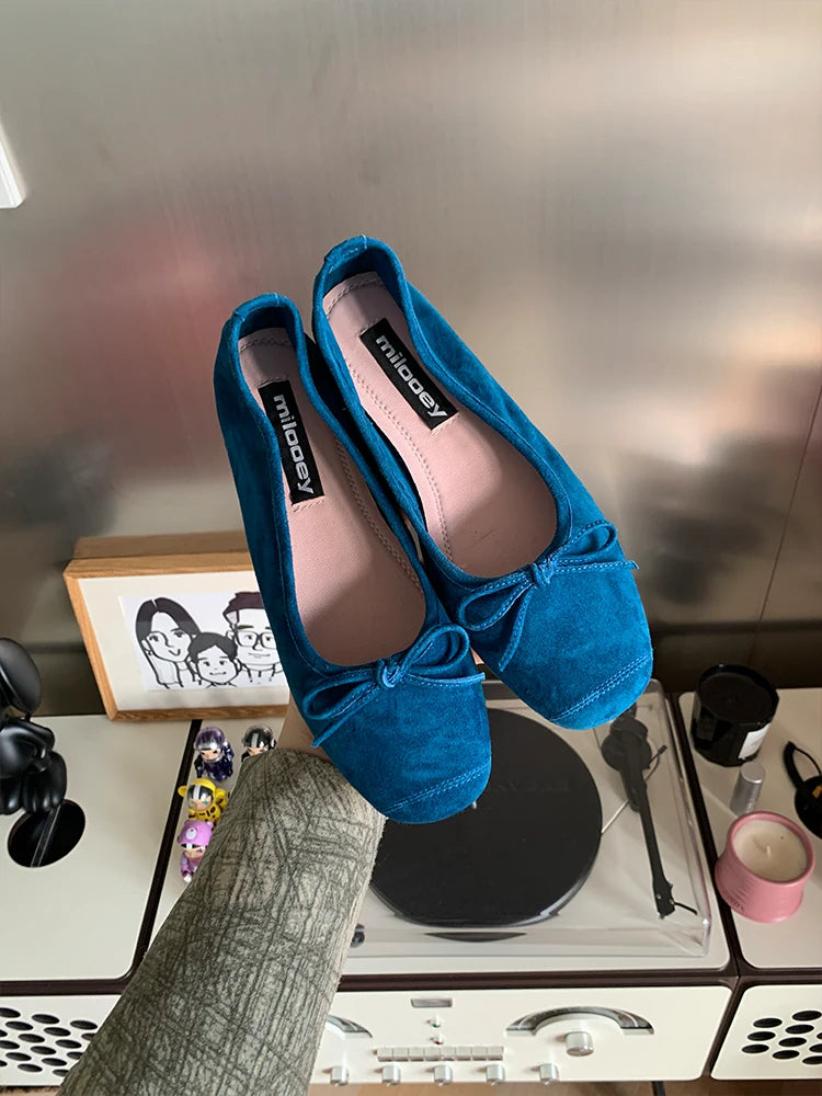 Bow-Trim Velvet Square-Toe Ballet Flats