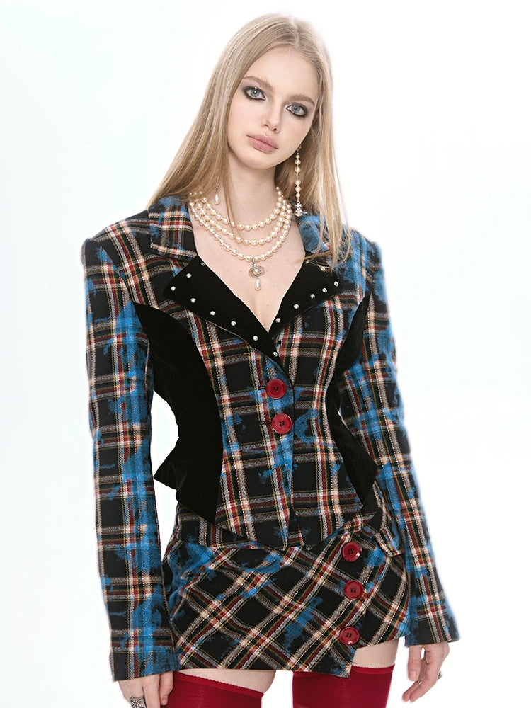 Diet Grrrl Punk Rock Plaid Jacket Set - Studded Collar Blazer With Asymmetric Mini Skirt