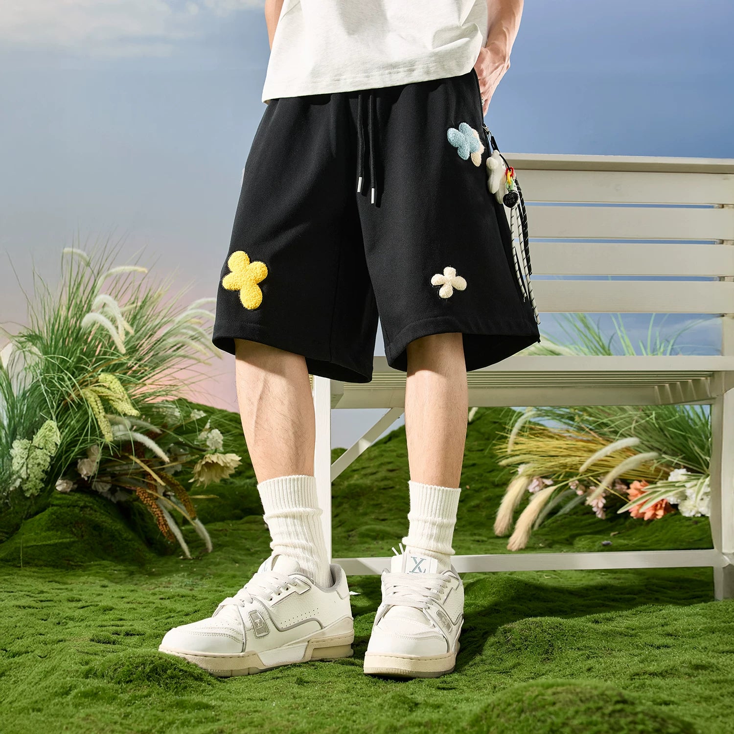 Playful Floral Appliqué Drawstring Sweat Shorts