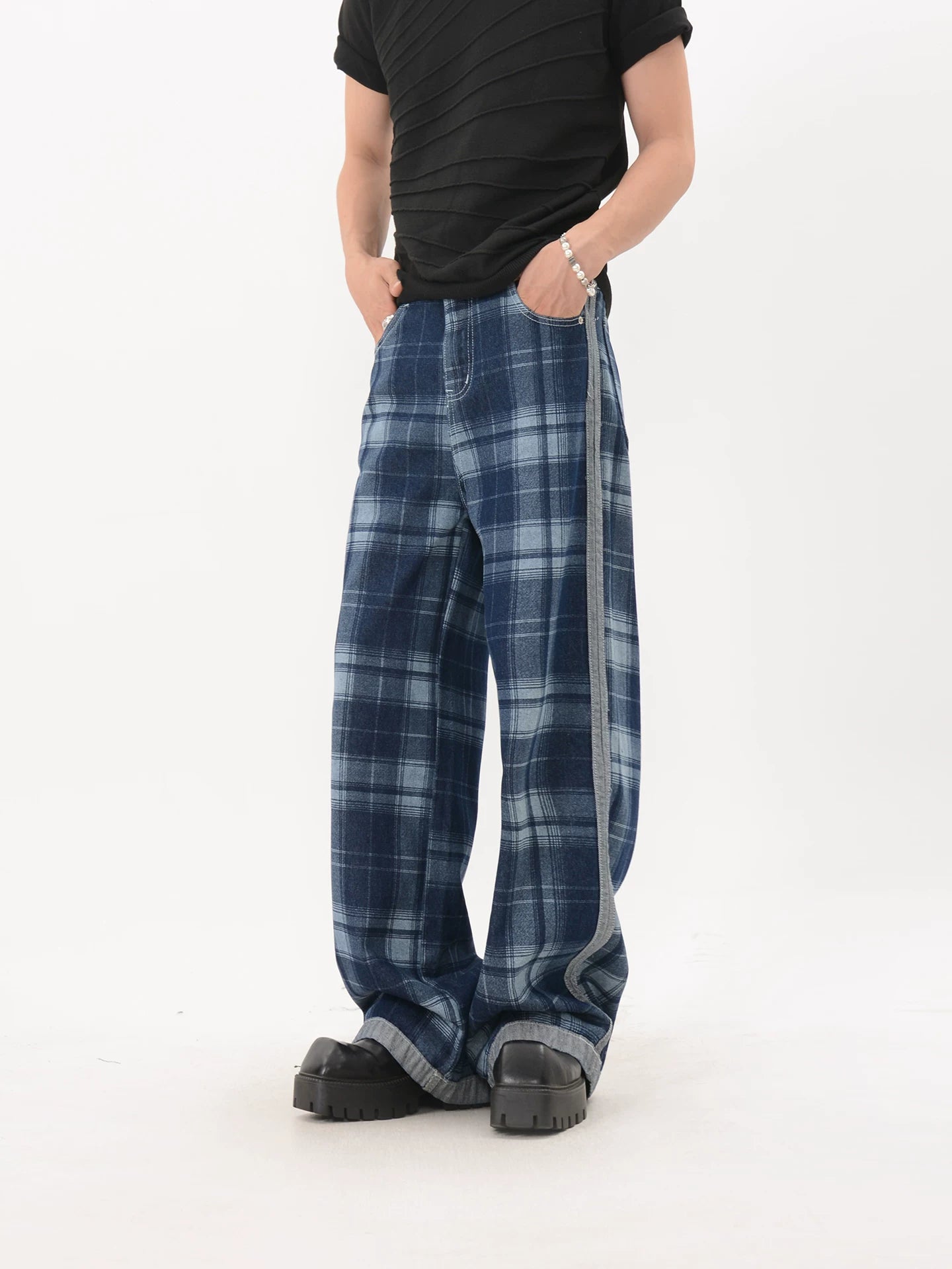 Blue Contrast Trim Plaid Wide Leg Pants