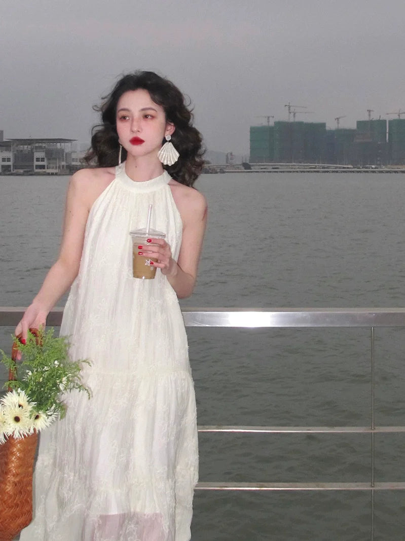 French Vintage Halter Neck Maxi Dress