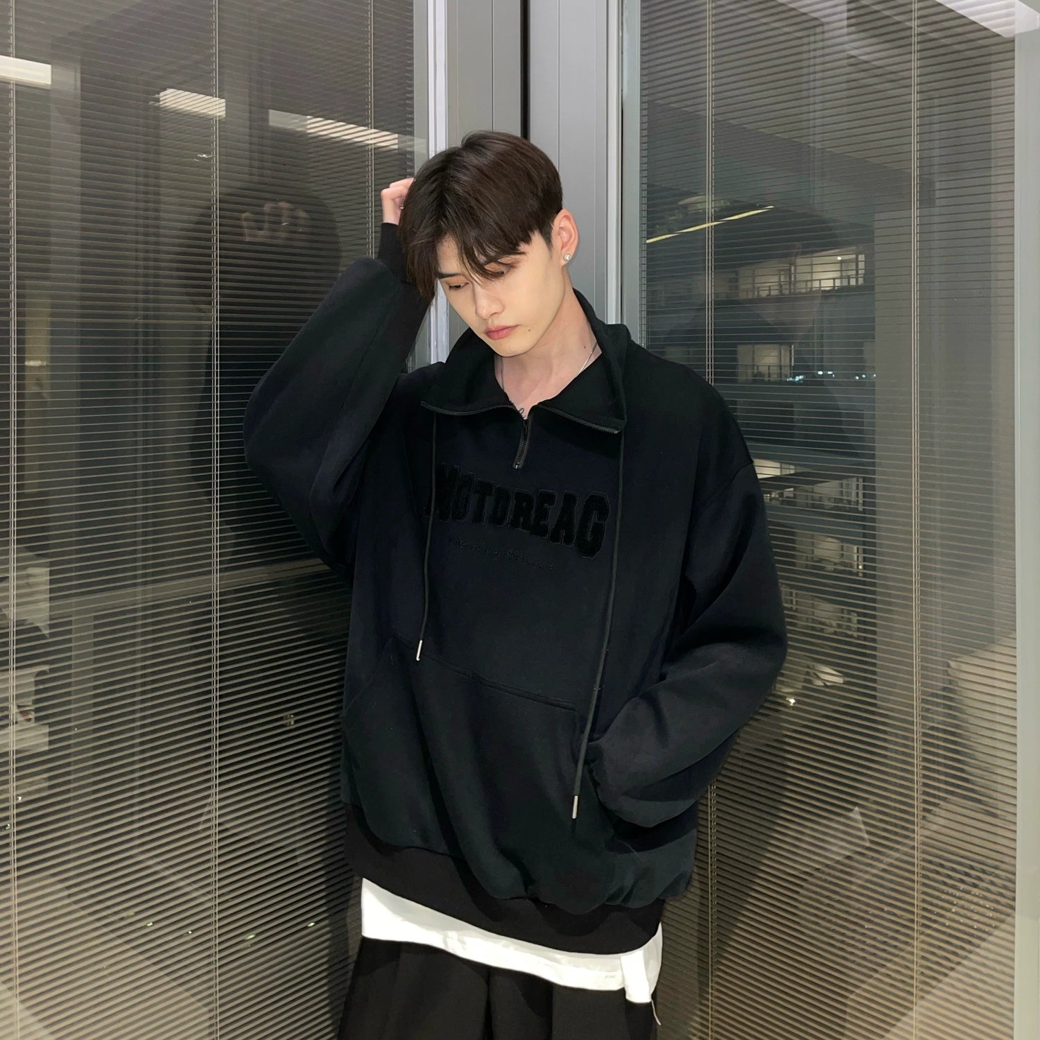 Quarter-Zip Mock Neck Sweatshirt with Embroidered Text