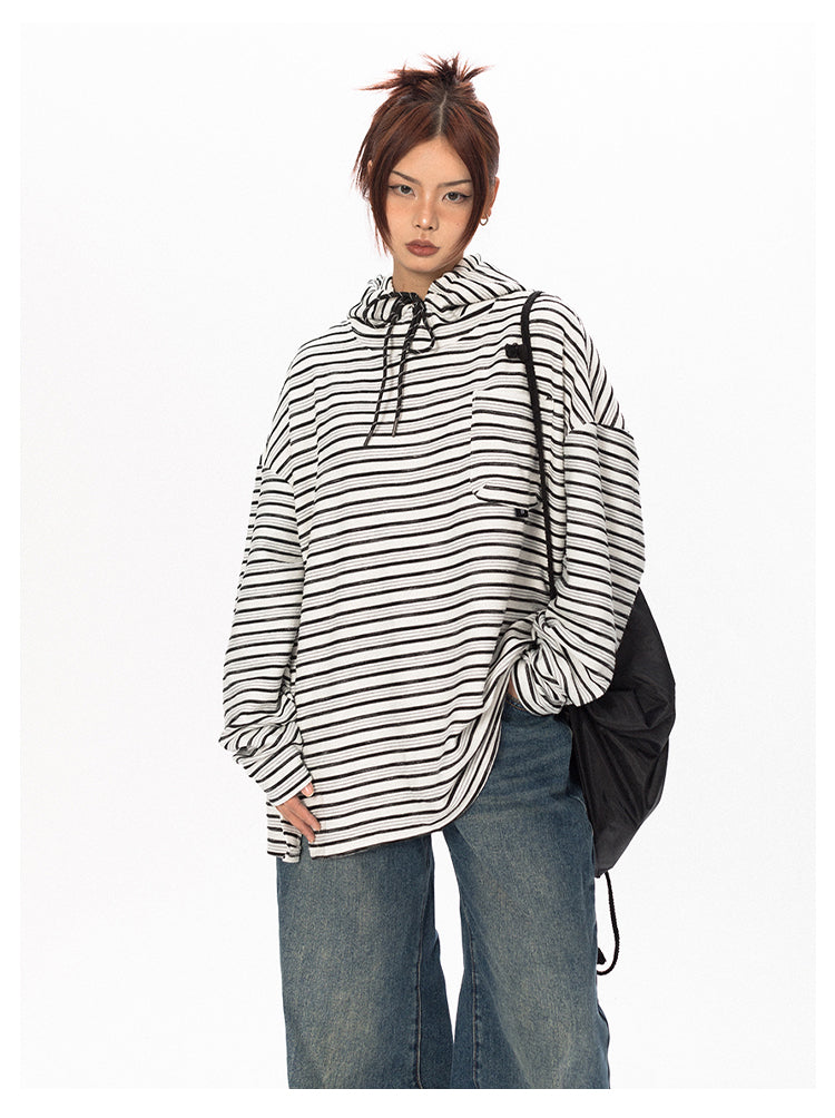 Striped Contrast Color Hooded T-Shirt - chiclara