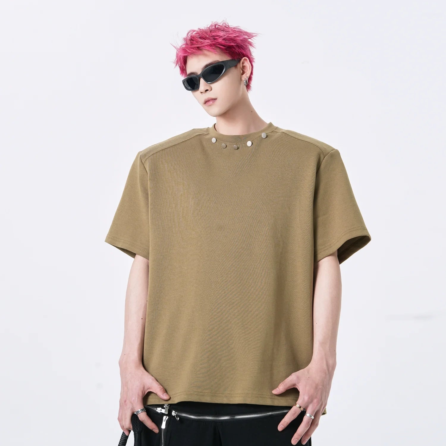 Oversized T-Shirt with Metal Button Neckline Detail