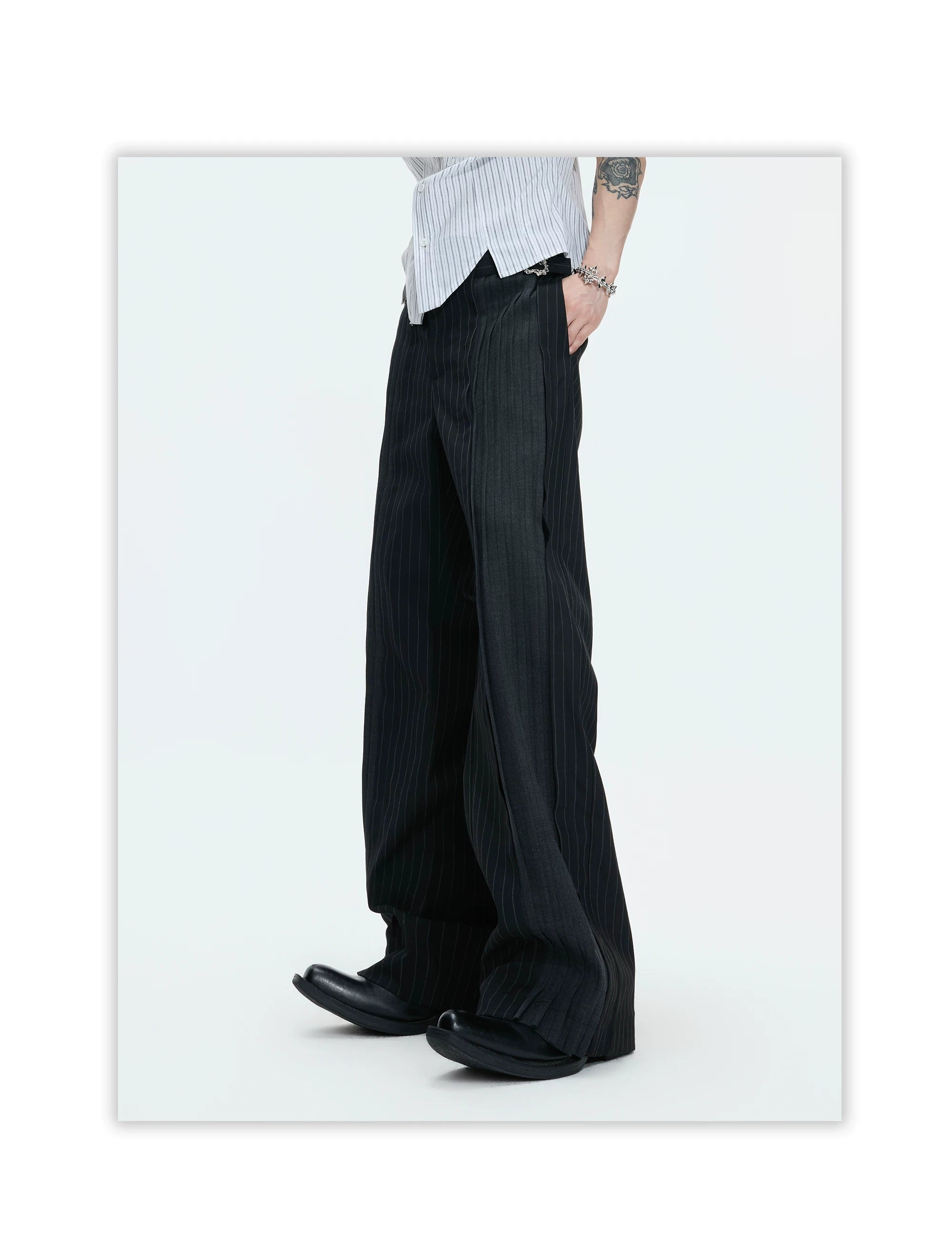 Pinstripe Buckle Waist Wide Leg Pants