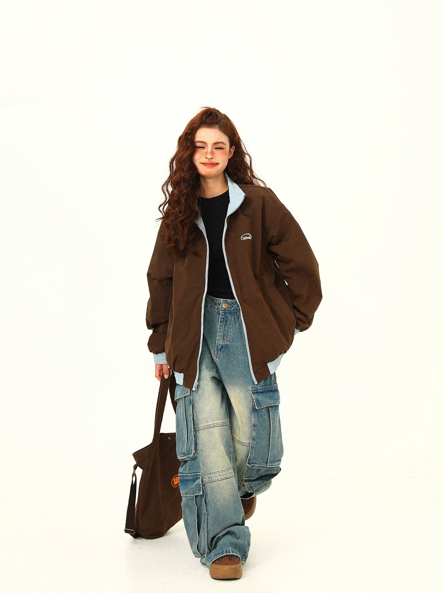 Contrast Collar Brown Bomber Jacket