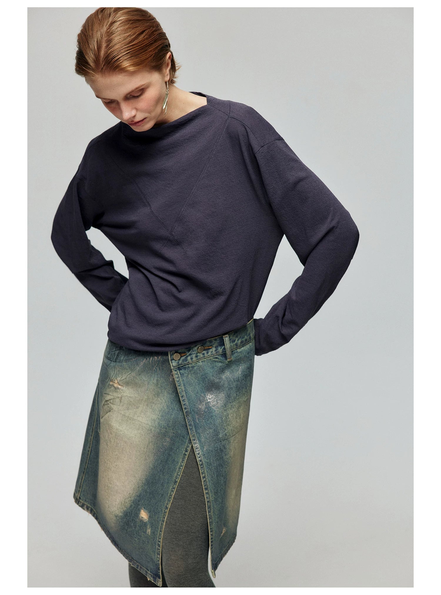 Distressed Denim Wrap Midi Skirt