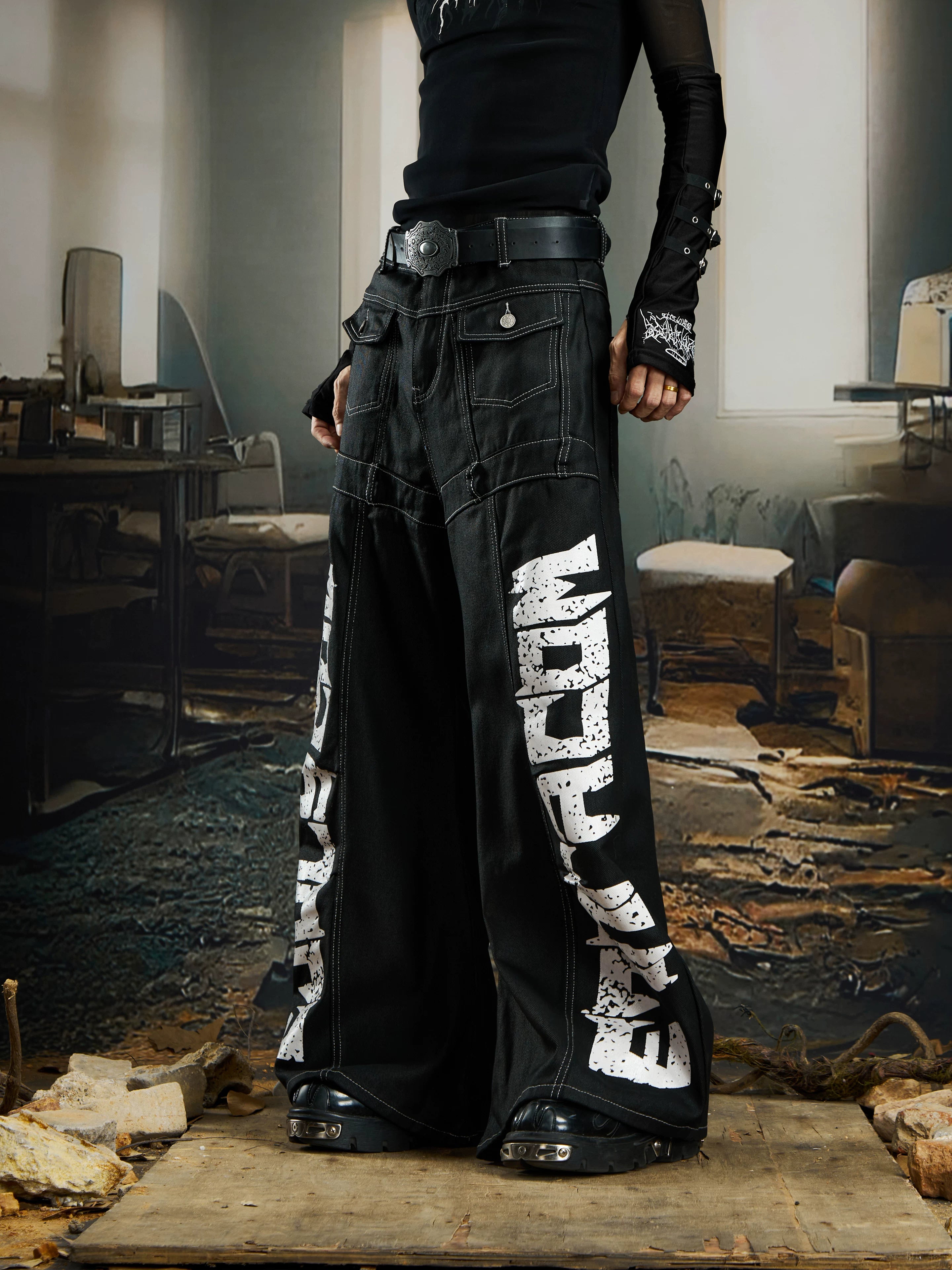 Wreckline Script Wide‑Leg Denim Pants