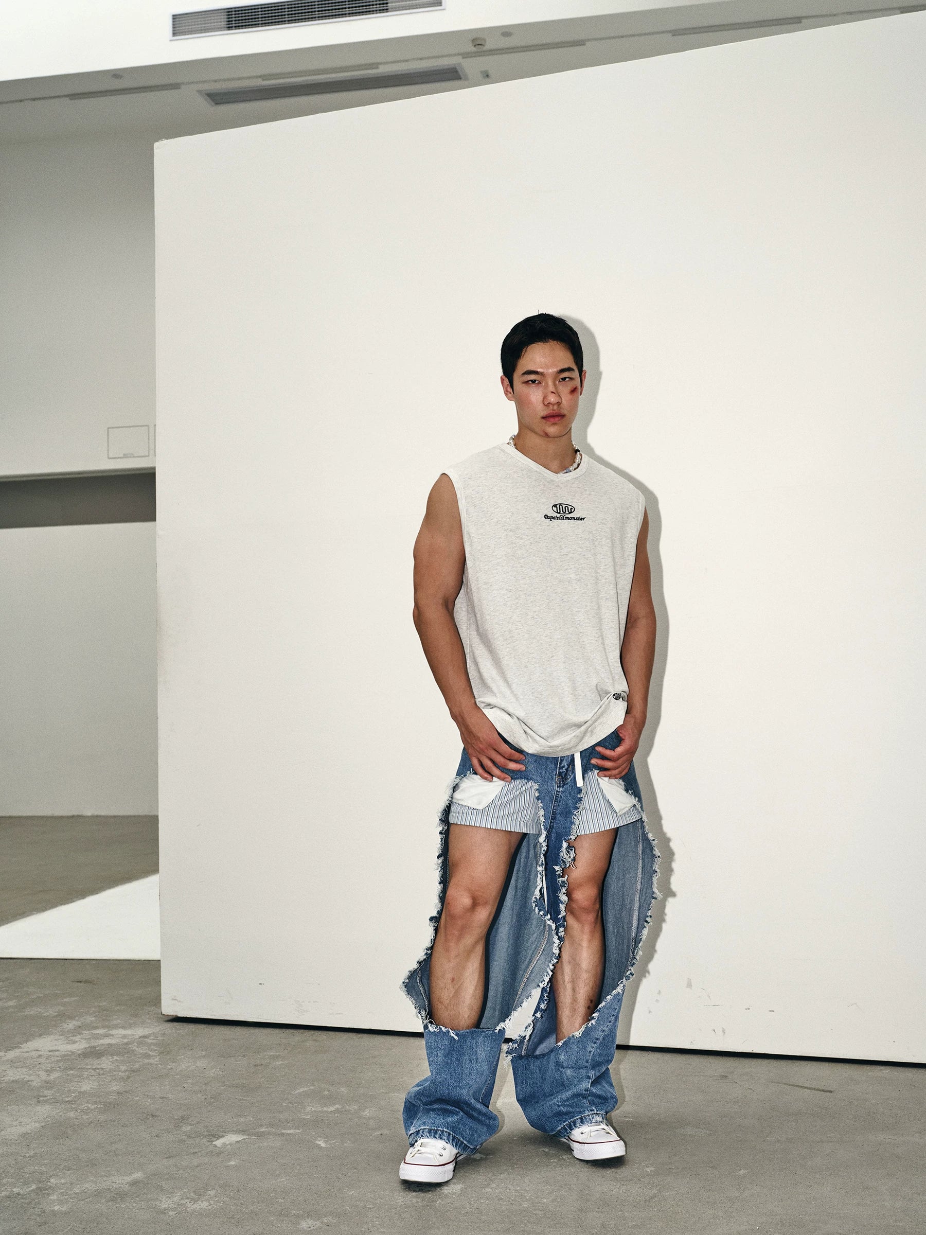 Extreme Cutout Layered Panel Denim Pants