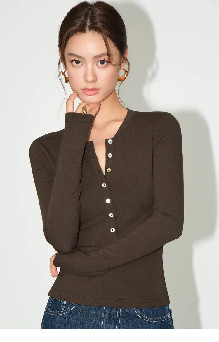 Slim Ribbed Buttoned Henley Tops
