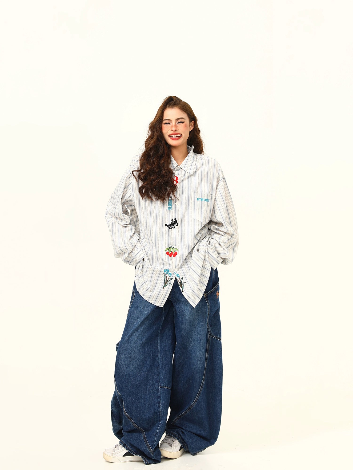 Embroidered Character Oversized Striped Shirt