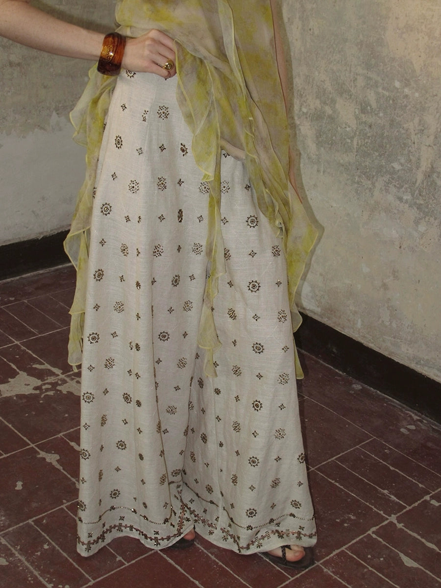 Wide-Leg Embroidered Linen Pants and Suit