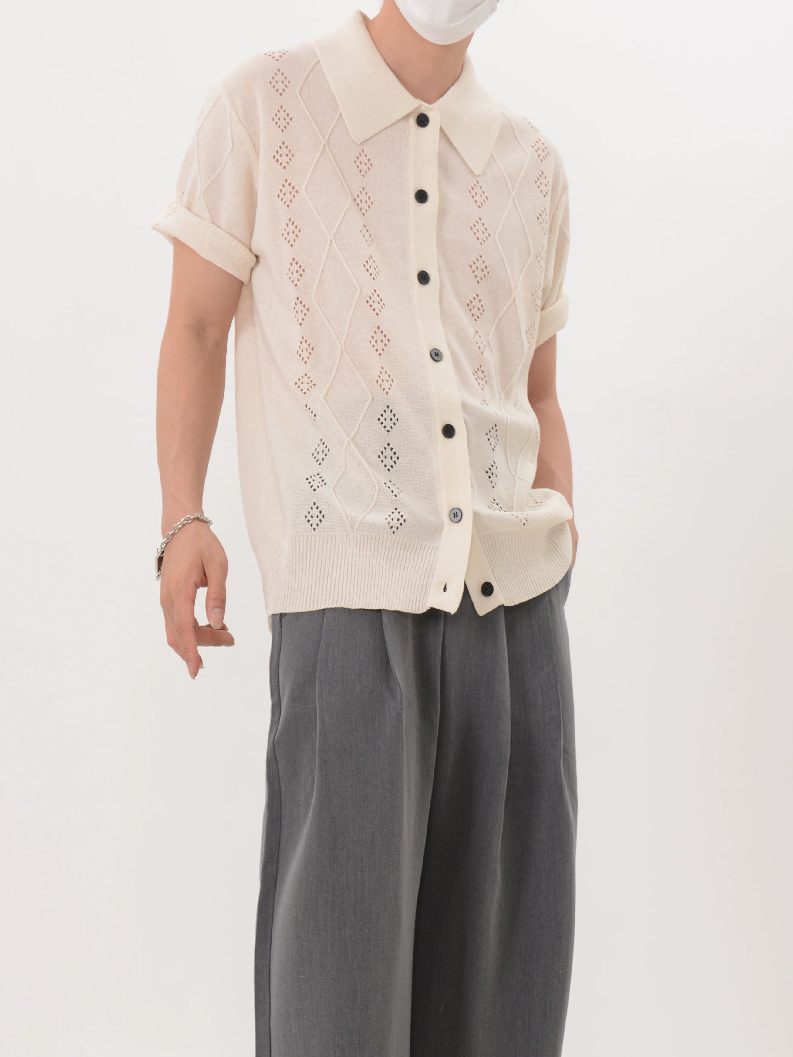 Lattice Knit Polo Cardigan