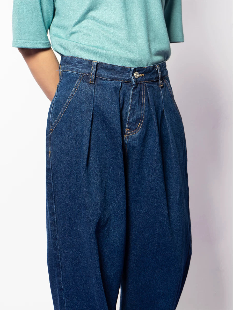 Midnight Pleat Relaxed Wide-Leg Jeans