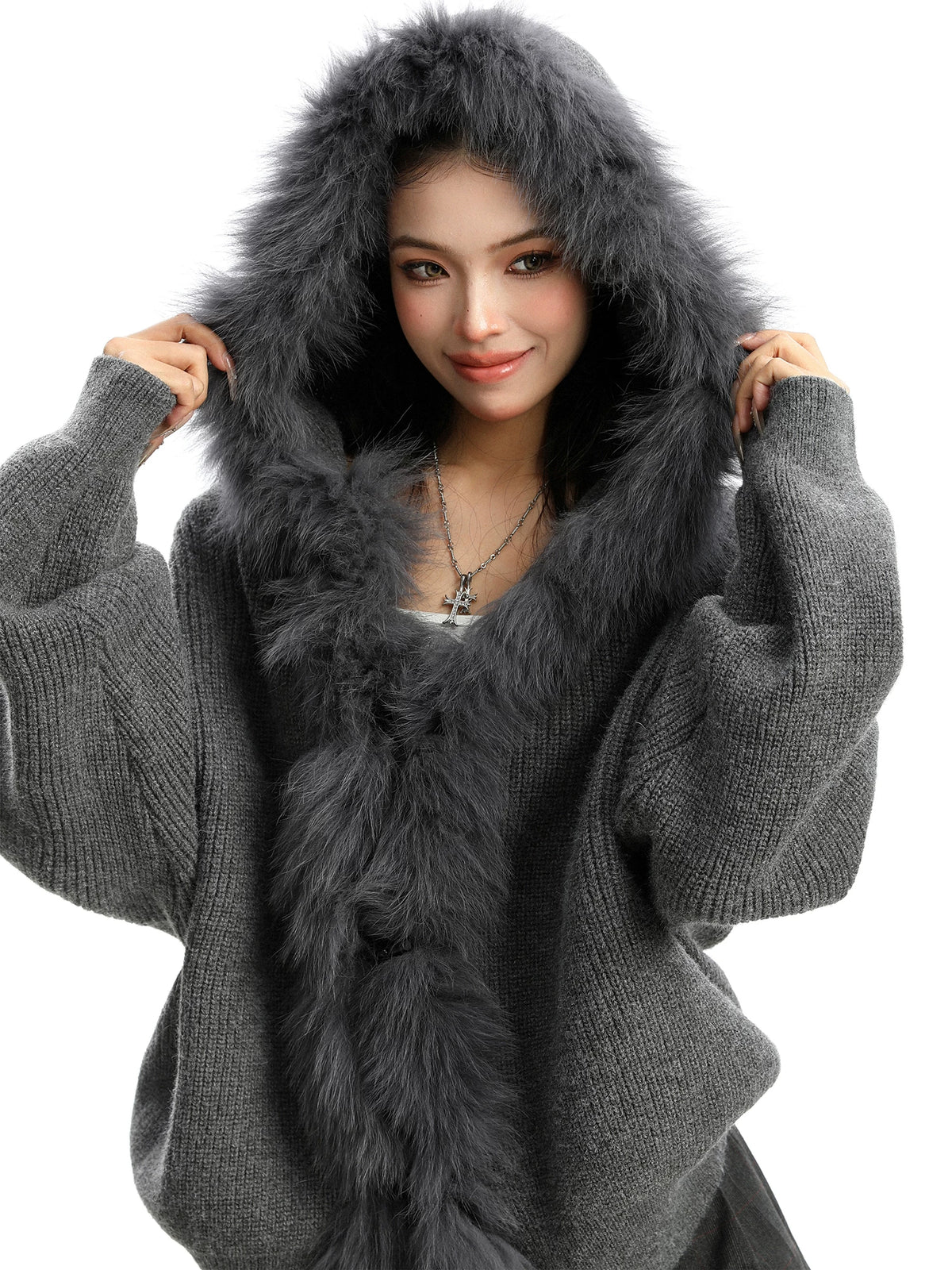 Shadow Luxe Fur-Trim Hooded Knit Cardigan
