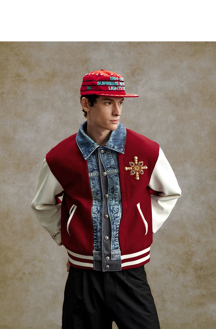 Denim Panel Embroidered Varsity Bomber Jacket