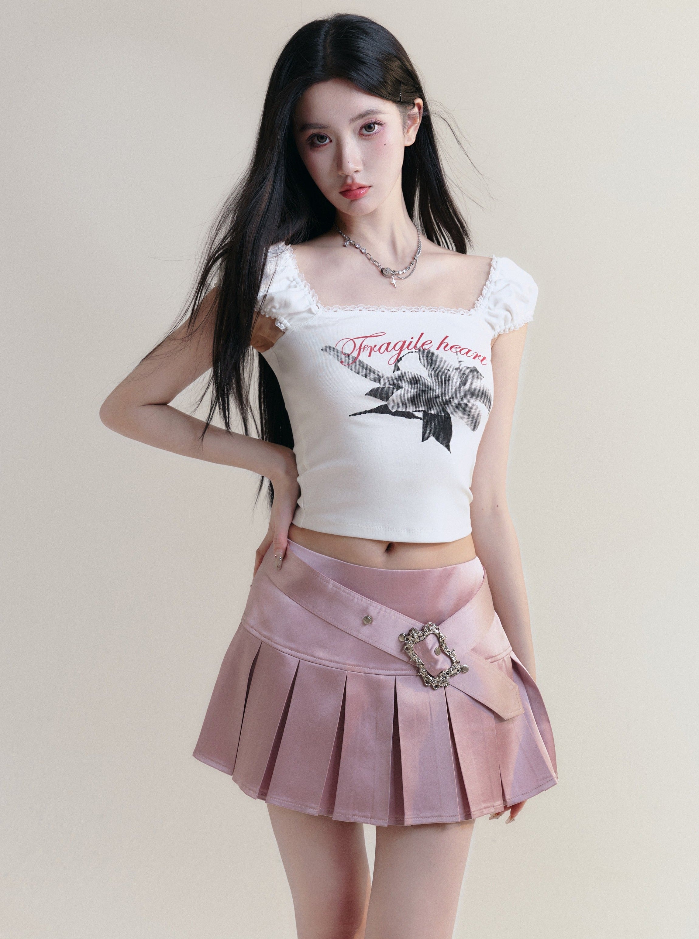 Fragile Heart Puff-Sleeve Graphic Crop Top