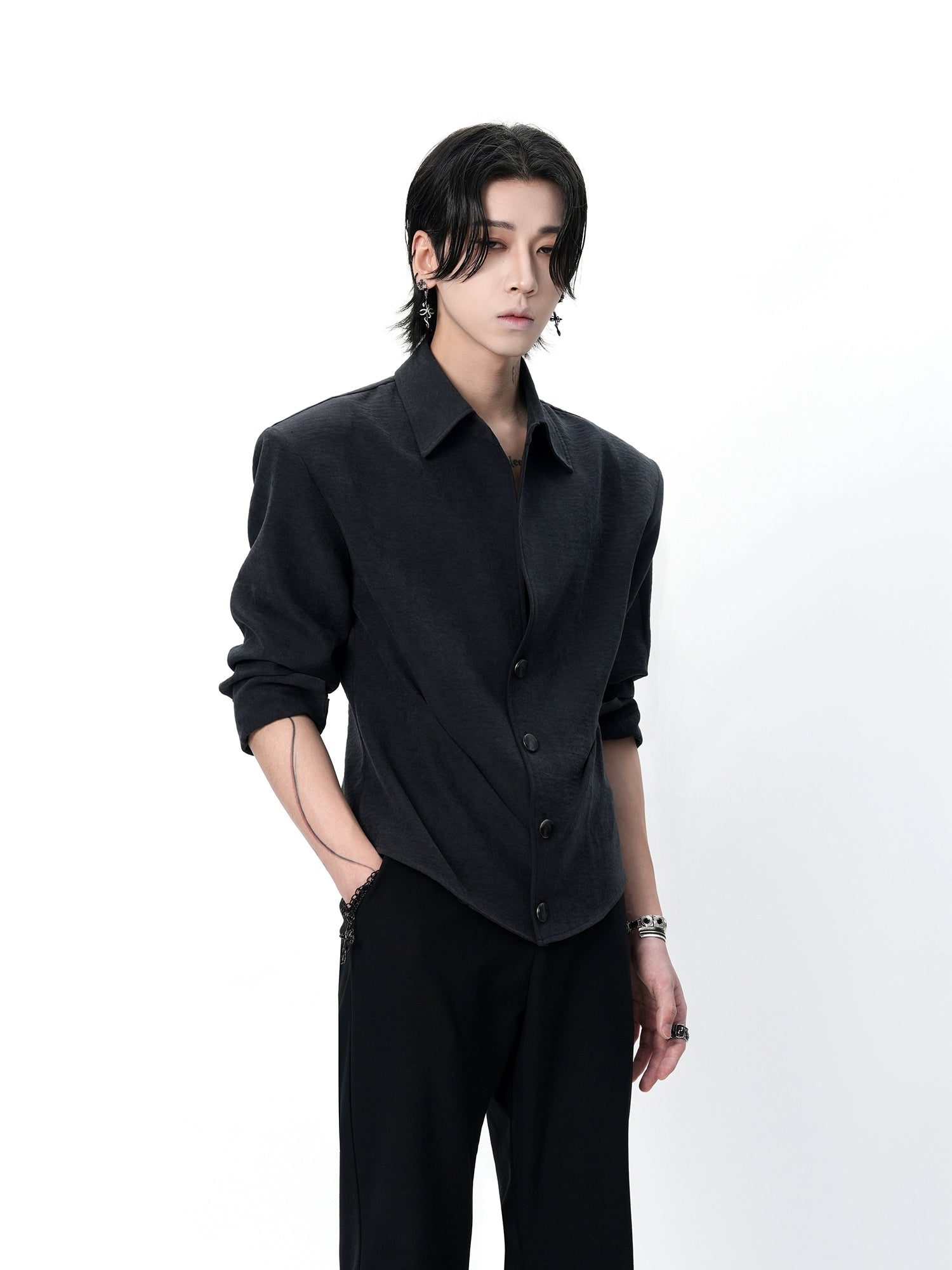 Black Sculpted Waist Button-Up Shirt