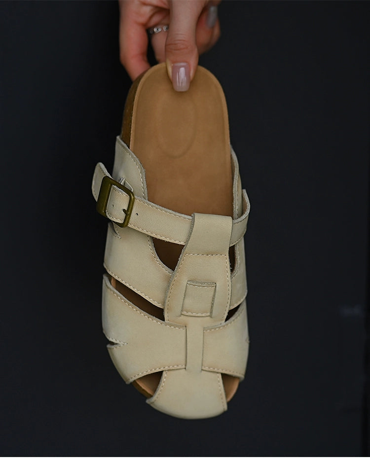 Beige Leather Buckle Strap Sandals