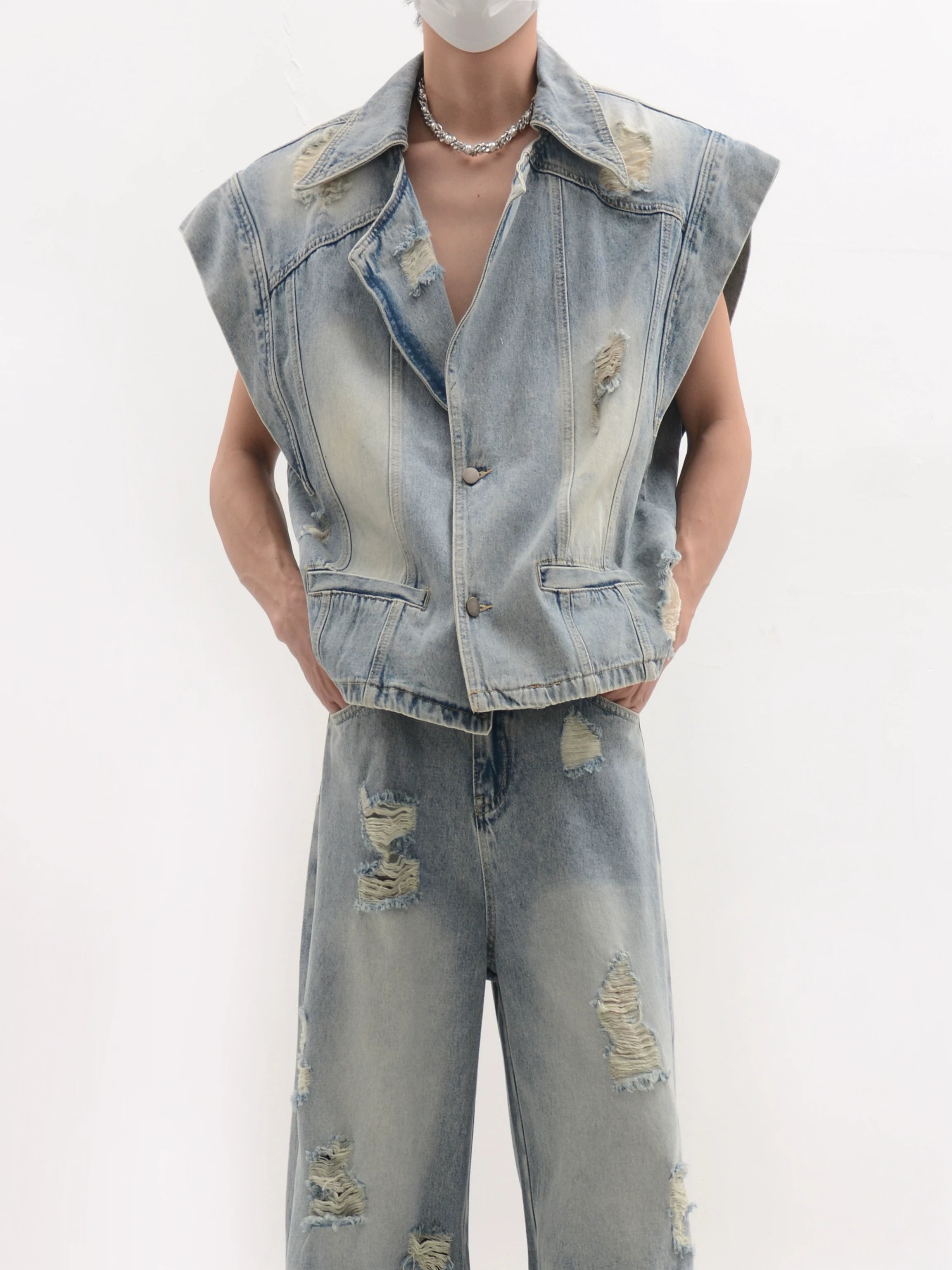 Distressed Oversized Shoulder Denim Vest