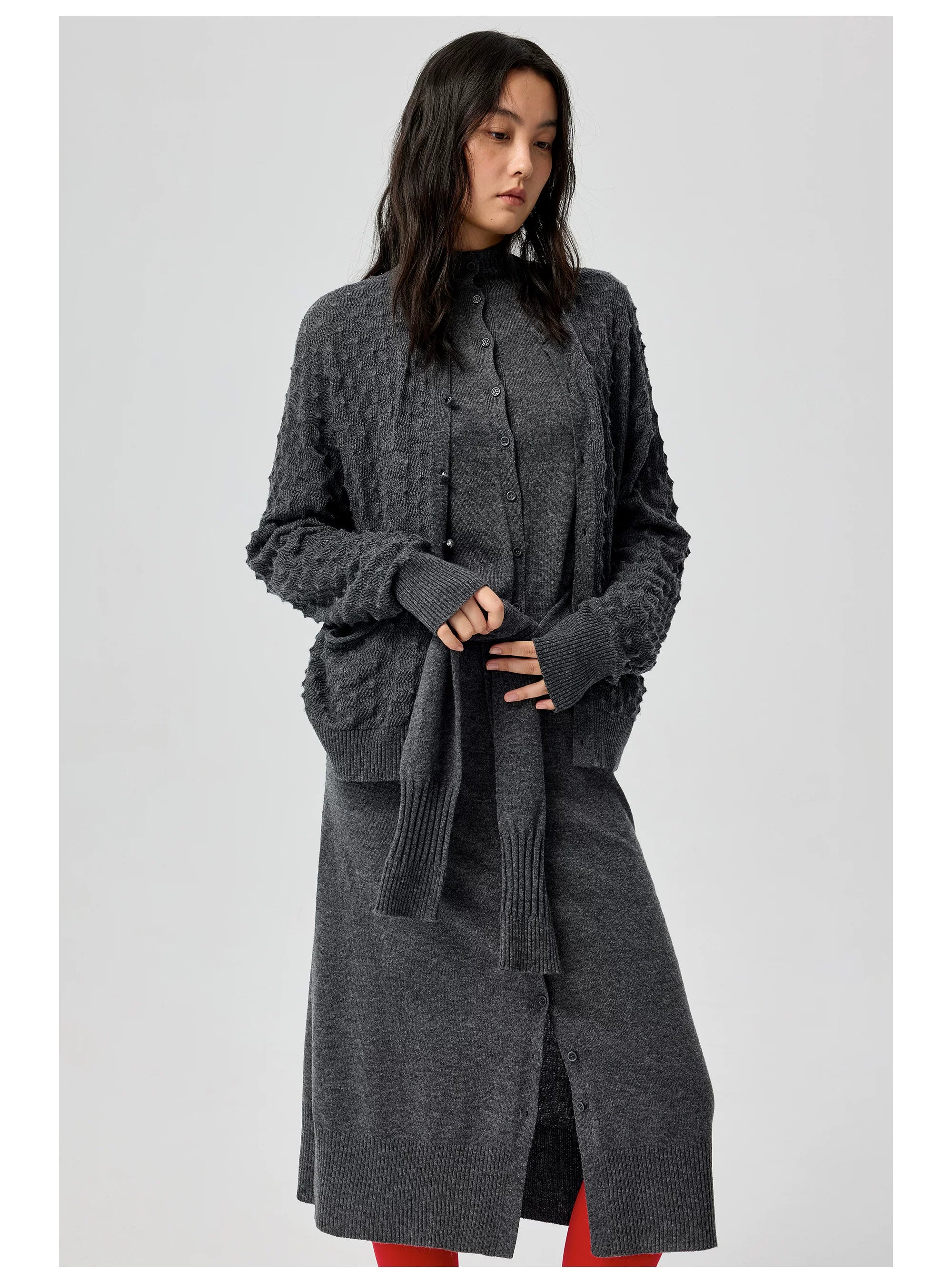 Button-Front Knit Midi Dress with Waist Tie