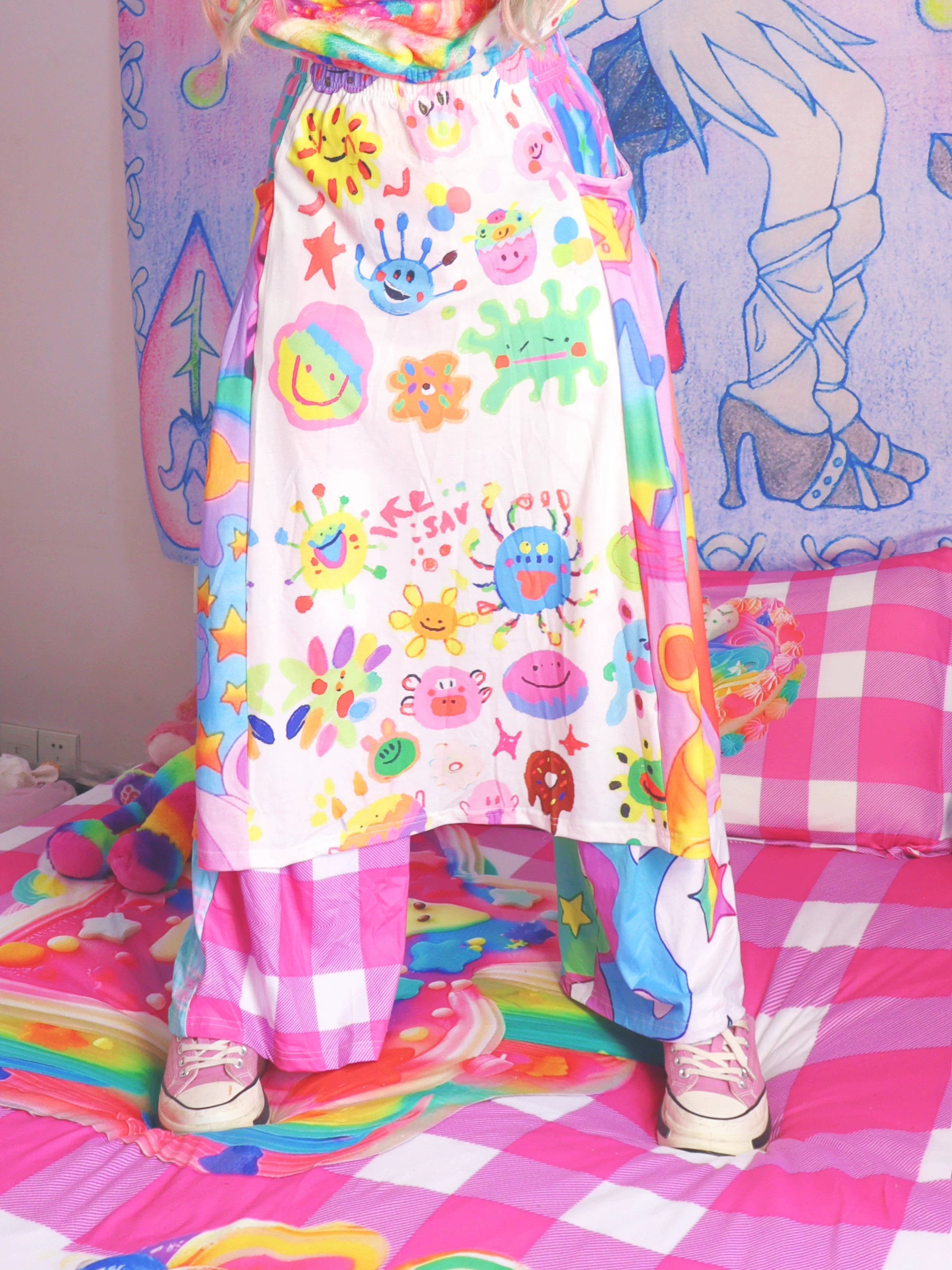 Rainbow Doodle Print Kawaii Skirt