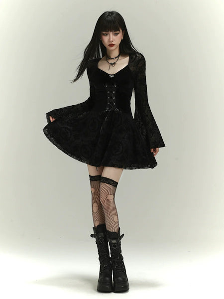 goth black mini dress Gothic Lace Bell-Sleeve ✰ Jovani 1012 Floral Color:peacock White/black Corset line silhouette