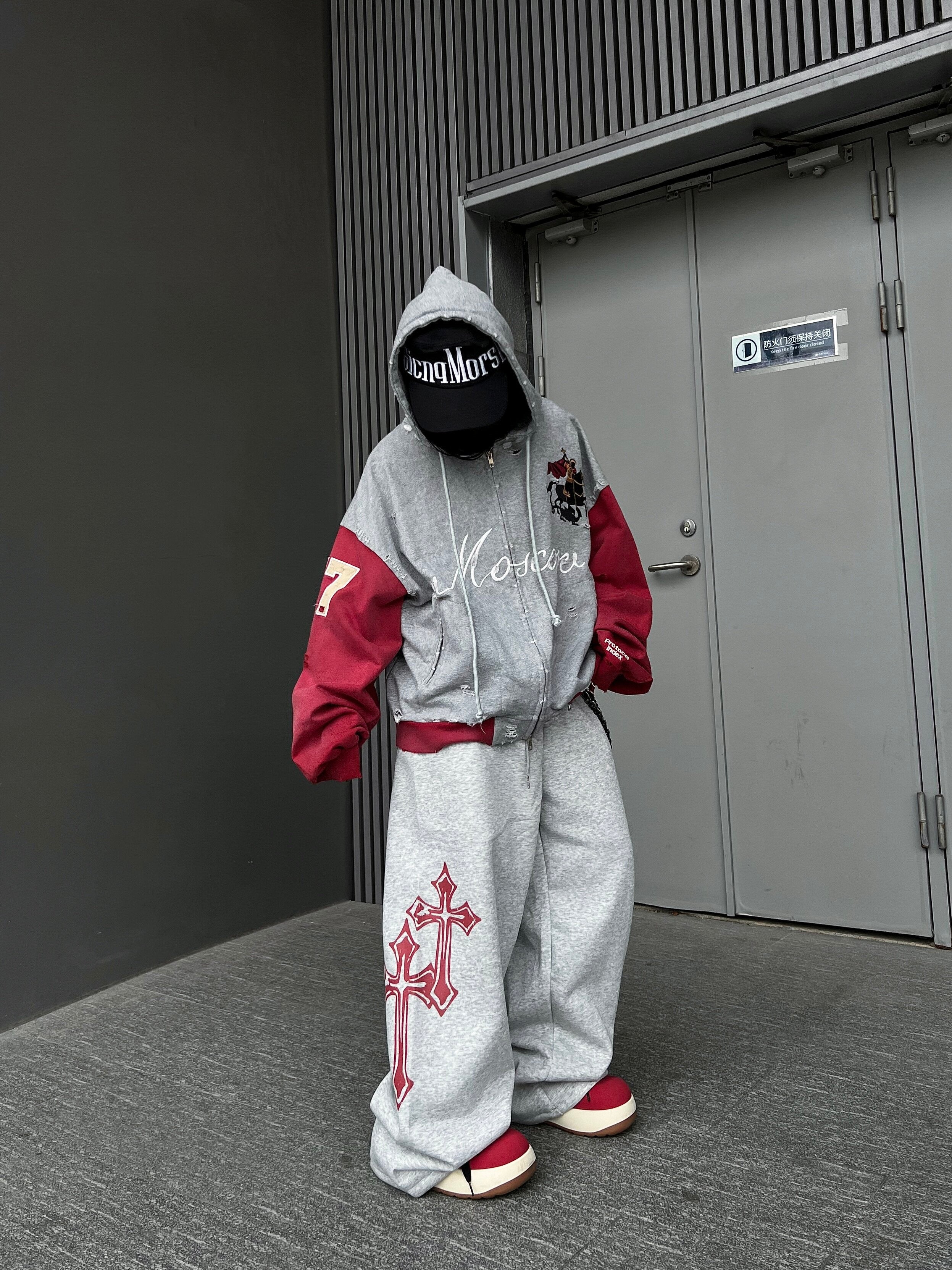 Men's Distressed Number-Print Embroidered Oversized Zip-Up Hoodie