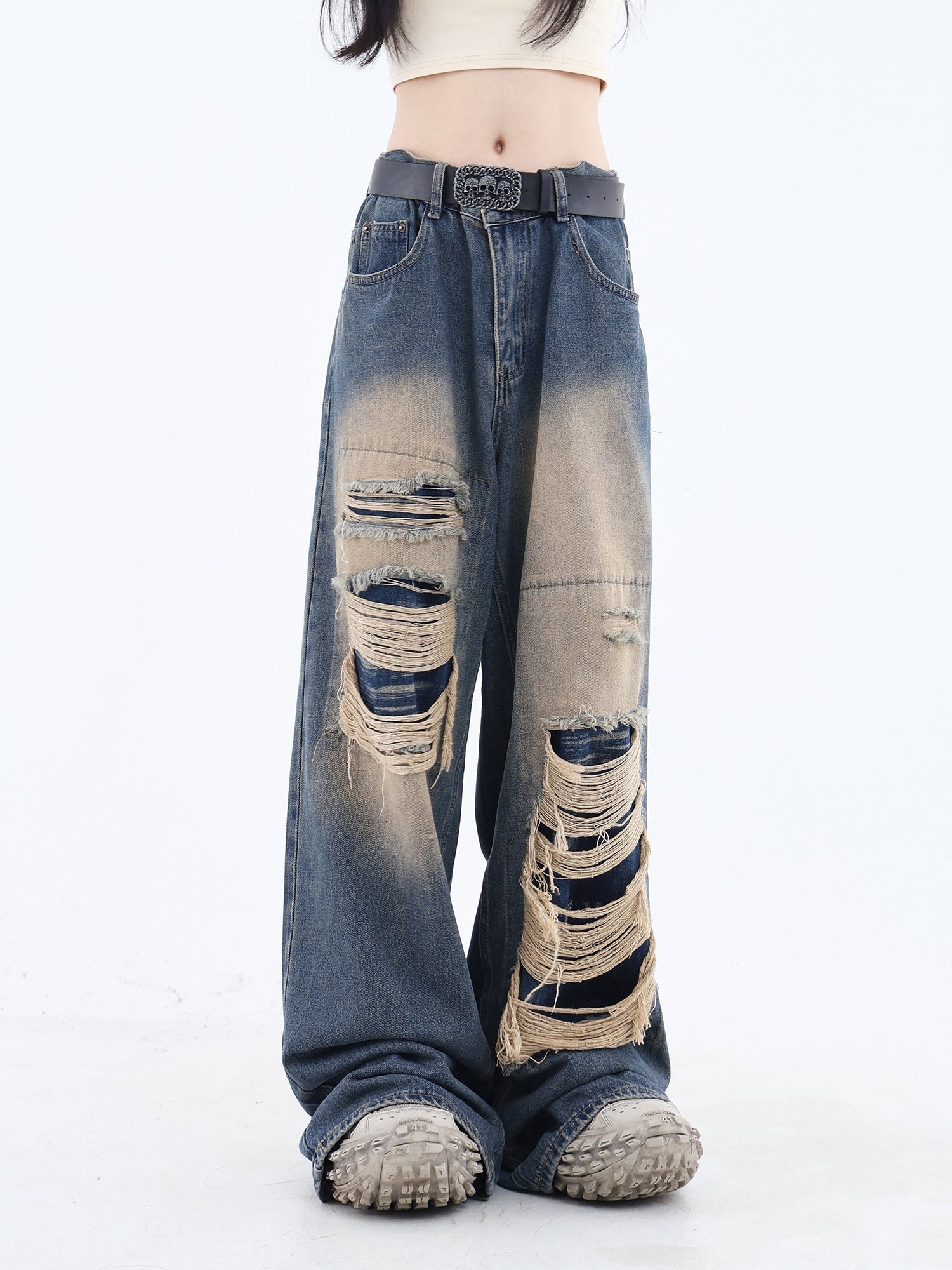 Distressed Patched Denim Jeans - chiclara