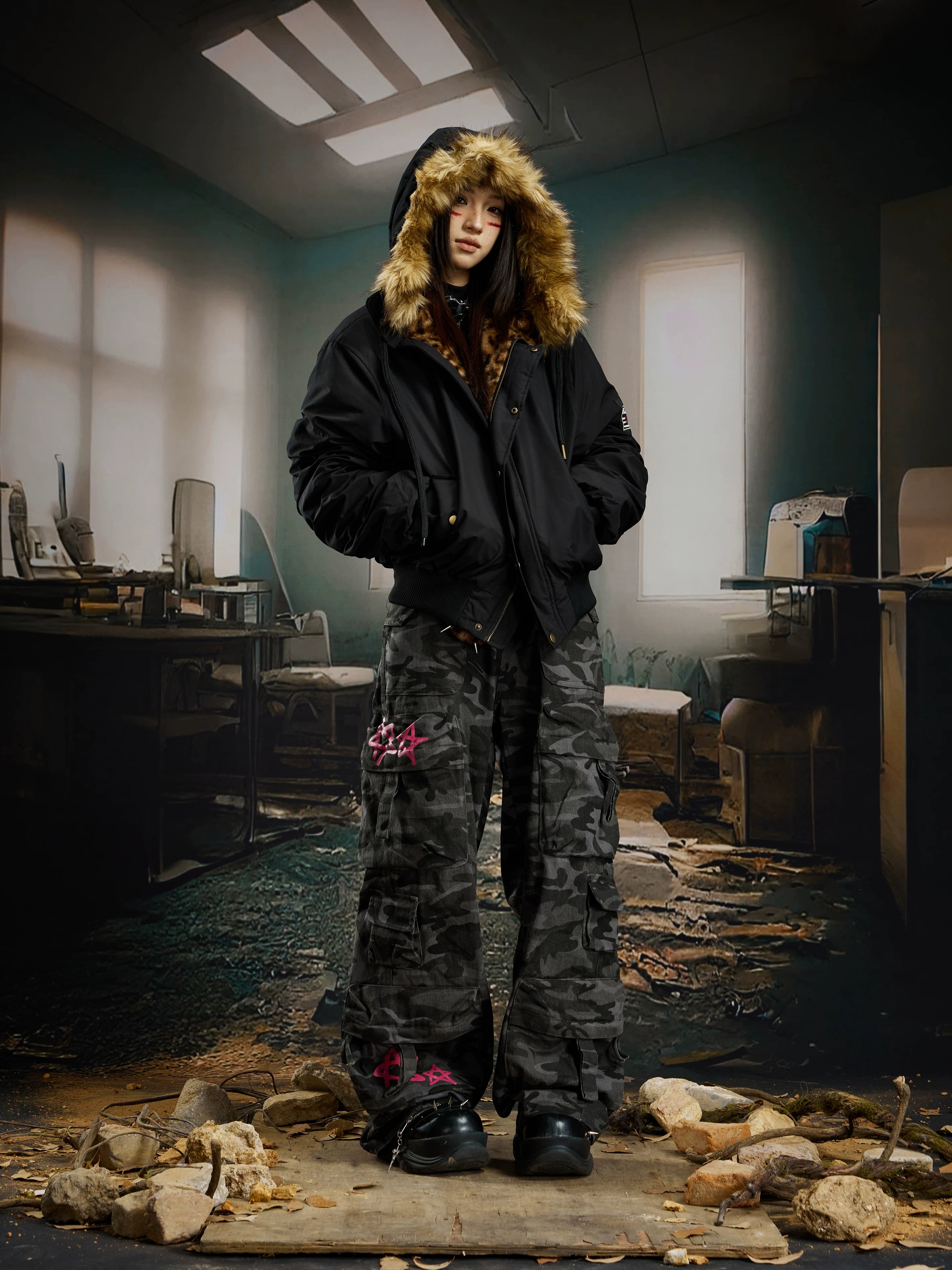 Frostline Fur‑Trim Hooded Bomber Jacket