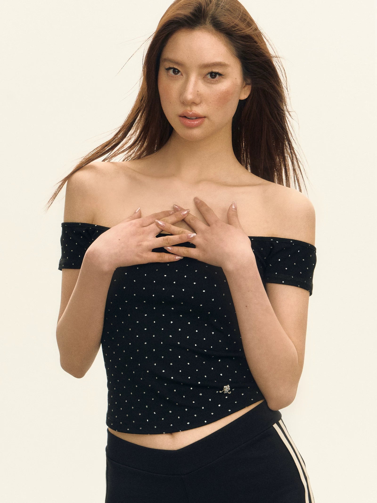 Crystal Embellished Off Shoulder Ribbed Top