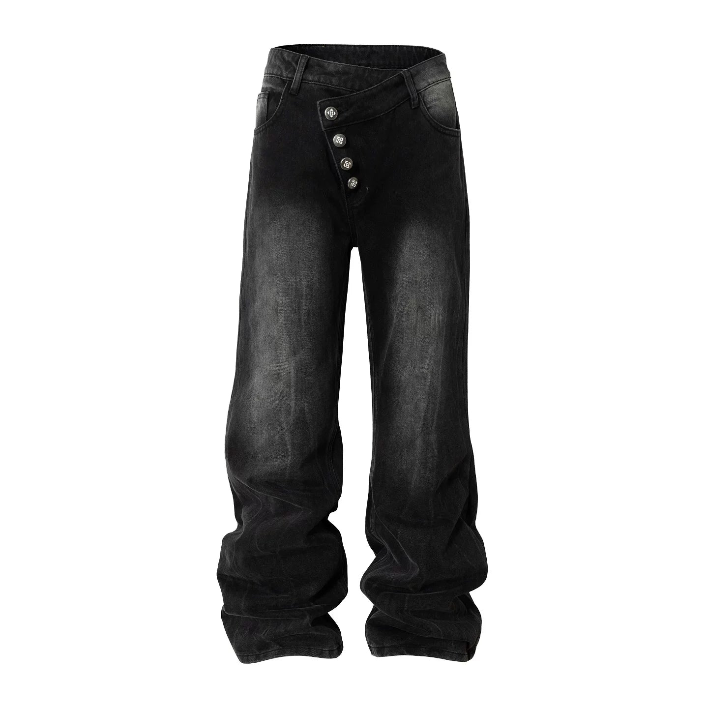 Washed Asymmetric Waist Wide-Leg Jeans